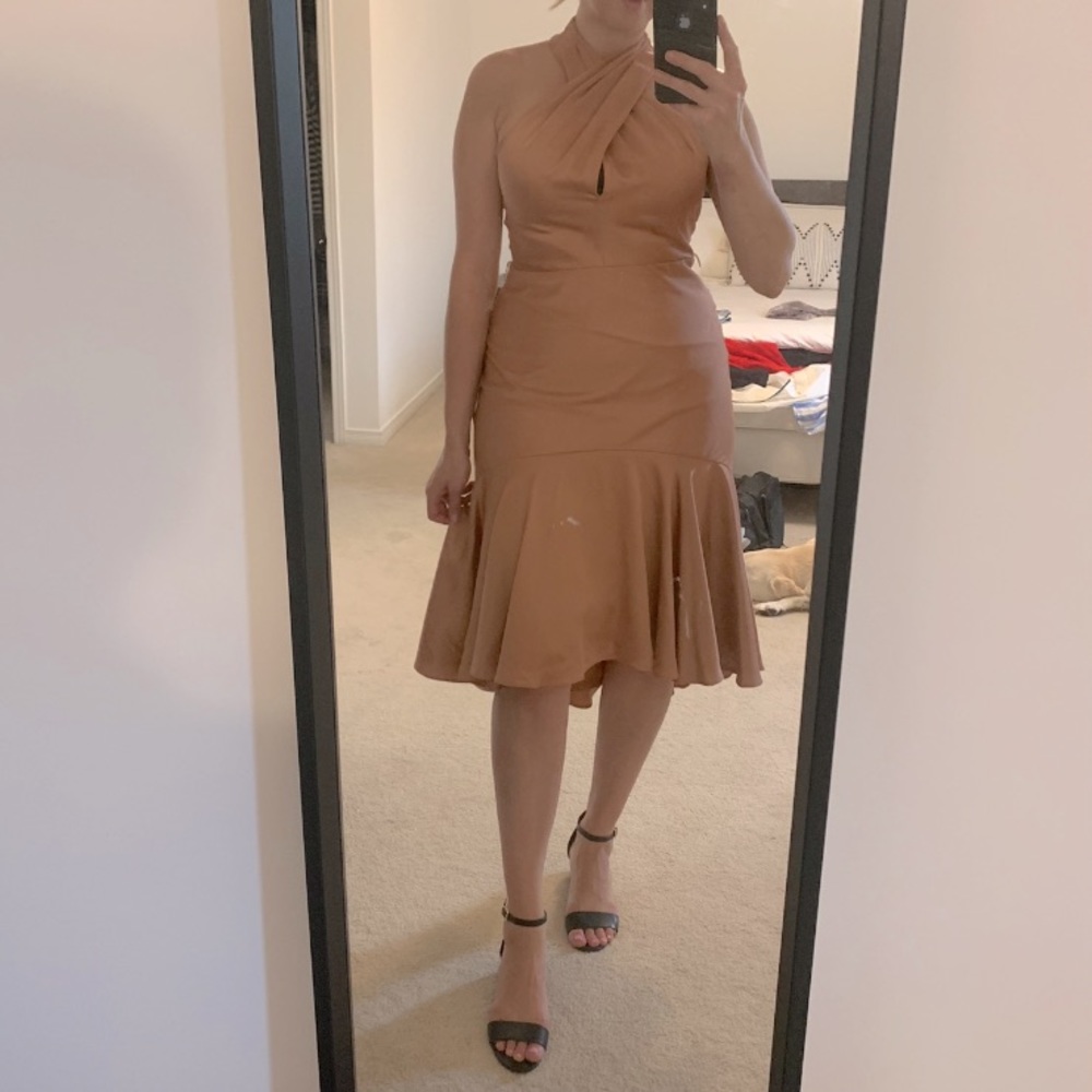 Peach coral formal twist high neck mermaid dress - size 8